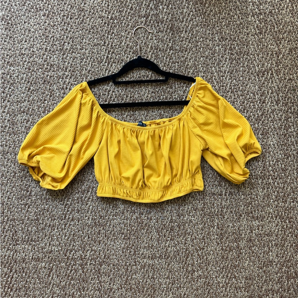 Yellow Puff Sleeve Ruched Crop Top